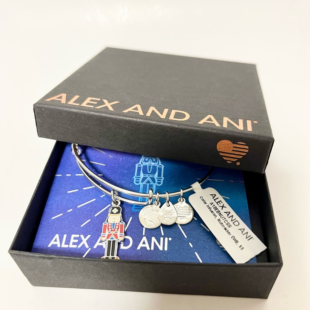 ALEX and ANI Nutcracker Silver Tone Expandable Bangle Bracelet w Charms